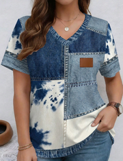 Shein Patchwork Pattern Twill Texture Round Neck Plus Size T-Shirt, 0XL -.