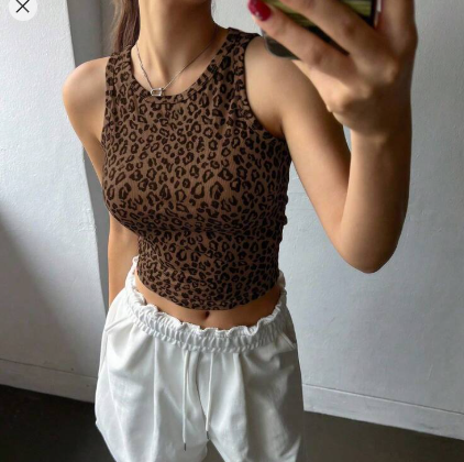 Shein Crew Neck Sleeveless Casual Leopard Print Slim Fitted Crop Top, S +