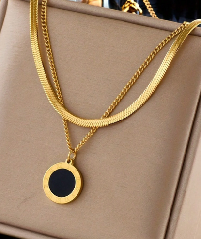 Shein 2pcs/Set Stainless Steel Minimalist Black Roman Coin Pendant Blade Chain Necklaces +