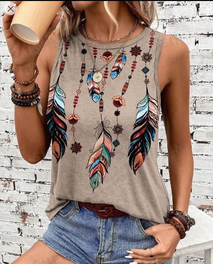 Shein Women's Vacation Casual Feather Printed Tee /