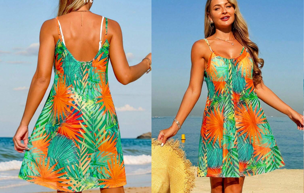 Shein Tropical Plant Print Spaghetti Strap Dress & Cover Up, L +