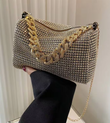 Shein Shiny Crystal Hollow Metal Chain Decor Zipper Closure Shoulder Bag>