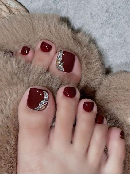 Shein Wine Red Square Press On Toenails Tips With Rhinestone Design Toenail -.