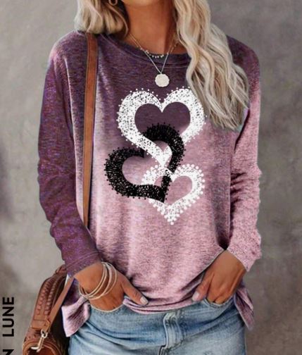 Shein Women's Heart Print Long Sleeve Casual T-Shirt /