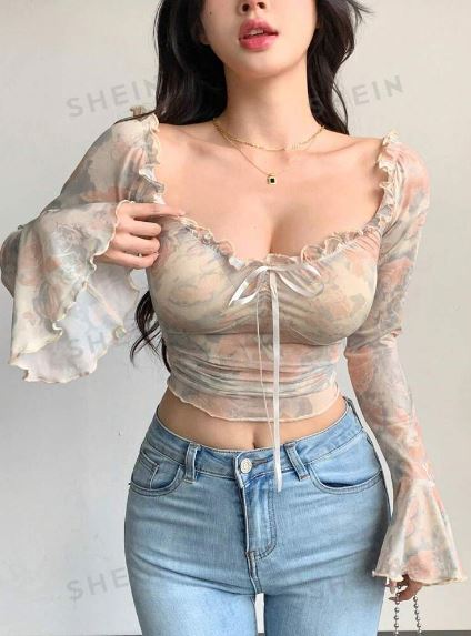 Shein All-Over Ditsy Floral Off Shoulder Sheer Long Sleeve Blouse /