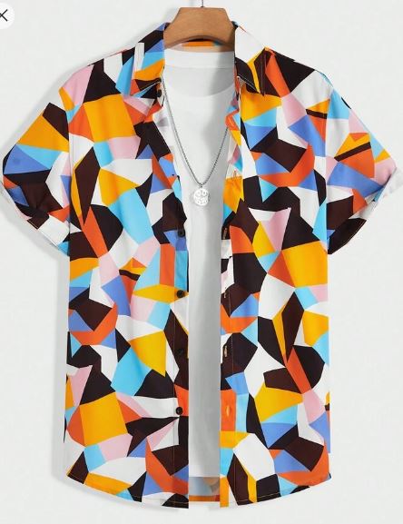 Shein Men's Geometric Printed Short Sleeve Shirt, XXL */