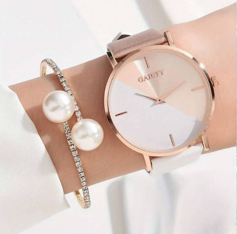 Shein 2pcs Women's Dual-Color Pu Strap Quartz Watch With Pearl Bracelet Set*/