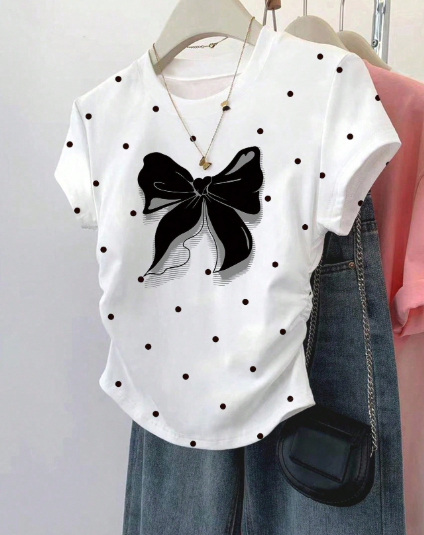 Shein Women's Polka Dot & Bow Print Fitted Ruched Waist Short Sleeve T-Shirt, S>