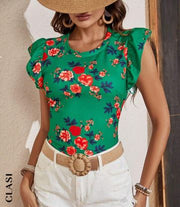 Shein Floral Print Ruffle Trim Tee +