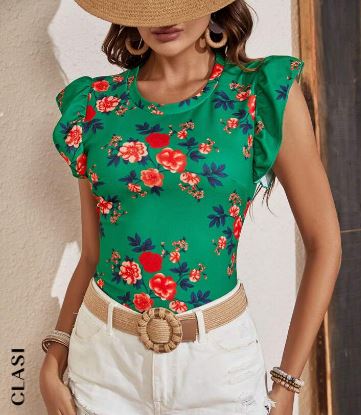 Shein Floral Print Ruffle Trim Tee /