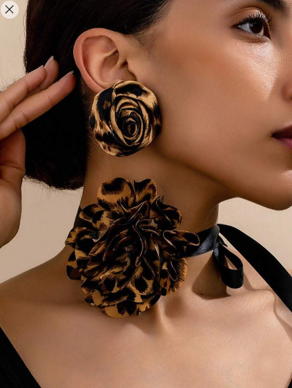 Shein Leopard Print Floral Charm Elegant Bow Choker Flower Earrings Set