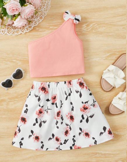 Shein Young Girl Bow One Shoulder Top & Floral Print Skirt, 4T