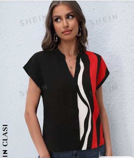 Shein Colorblock Notched Neck Batwing Sleeve Blouse, S /