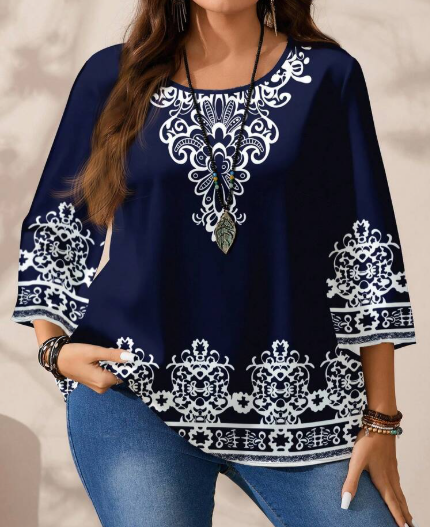 Shein Plus Size Women's Blue & White Pattern Print Casual Loose Fit Round Neck 3/4 Sleeve Blouse, XXL +