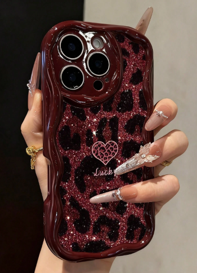 Leopard Glitter Flat Printing Cartoon Flat Printing Cream Burgundy For Iphone>