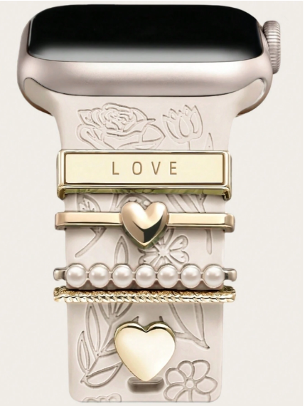 Shein 5pcs Metal Charms Decorative Ring Band Charms LOVE Rhinestone Rhinestone Ornament Smart Watch Silicone Strap
