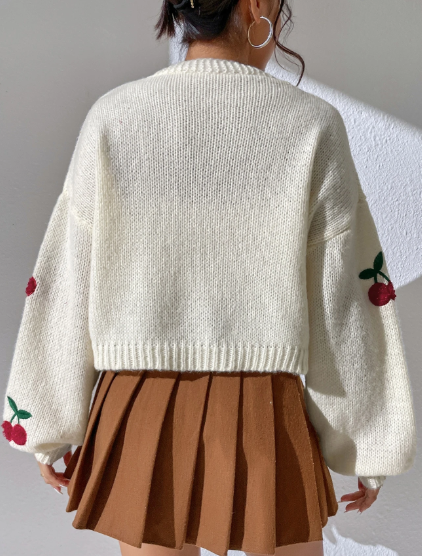 Shein Unity Cherry Embroidery Lantern Sleeve Cardigan, L +