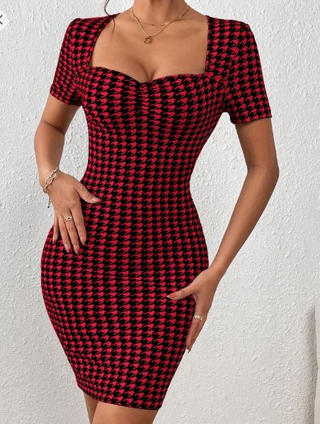 Shein Houndstooth Print Sweetheart Neck Bodycon Dress /