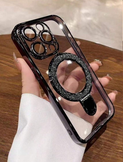 Shein 1pc Transparent Electroplated Shockproof Silicone Phone Case With Glitter Sliding Kickstand +