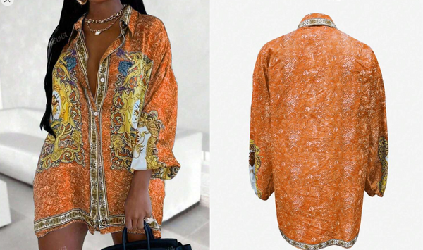 Shein Print Button Front Casual Holiday Lapel Shirt, XL +