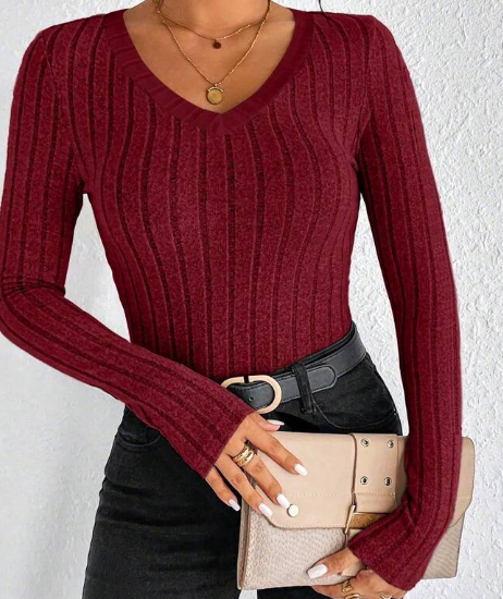 Shein Frenchy Solid Color V-Neck  Minimalist Ribbed Knit Top, L +