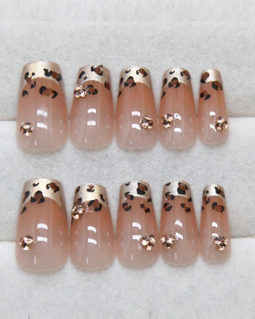 Shein 24Pcs Medium Size French Cat Eye Leopard Print Glossy Fake Nails -.