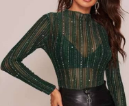 Shein Silver Thread Detail Sheer Star Mesh Top Without Bra, M +