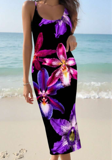 Shein Casual Simple Purple Floral Allover Print Tight Camisole Maxi Dress, XL +