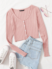 Shein Button Front Lettuce Trim Rib-knit Tee, L -.