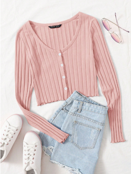 Shein Button Front Lettuce Trim Rib-knit Tee, L -.