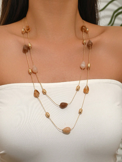 Shein 1pc Fashion Elegant Bohemian Dopamine Gold Chain Layered Multi-Layer Necklace
