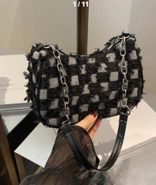 Shein 1pc Black Denim Zipper Plaid Patchwork Shoulder Strap Fashion Crossbody Bag, -.