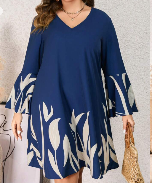 Shein Plus Size Women Black V-Neck Knee Length Floral Print Dress, 4XL +