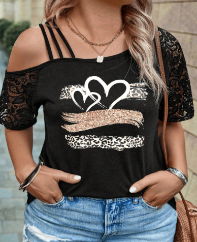 Shein Plus Size Asymmetrical Neck Lace Leopard Heart Print Casual T-Shirt, L +