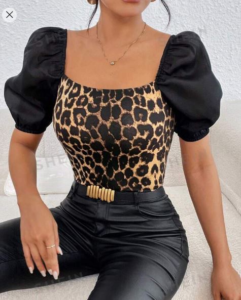 Shein Leopard Print Puff Sleeve Square Neck Tee +