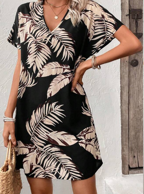 Shein Tropical Print Batwing Sleeve Dress, XL +