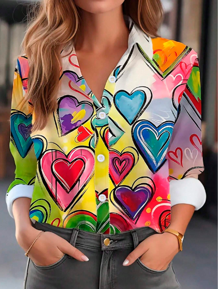 Shein Heart Pattern Printed Long Sleeve Shirt, XXL +