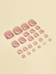Shein 24pcs Short Square Shaped False Toenails Nude Pink French Manicure Glitter Toenails +