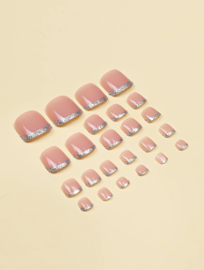 Shein 24pcs Short Square Shaped False Toenails Nude Pink French Manicure Glitter Toenails +