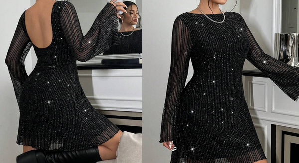 Shein Plus Size Women's Shiny Metallic Thread Black Dress, 0XL +
