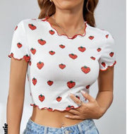 Shein Strawberry Print Lettuce Trim Crop Tee, S +