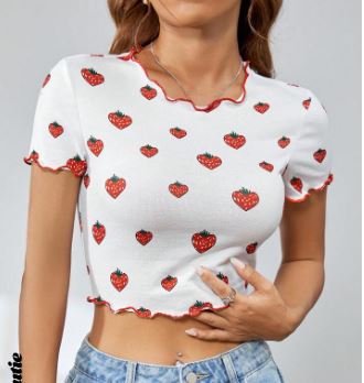 Shein Strawberry Print Lettuce Trim Crop Tee, S +
