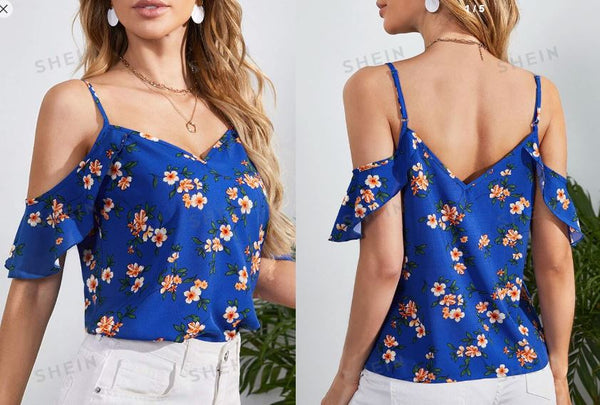 Shein Cold Shoulder Ruffle Trim Floral Print Top, L /