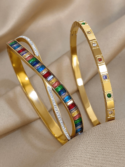 Shein 18K Gold Plated Stainless Steel Multicolor Zirconia Bangle Bracelets Set With Diamond Accents >