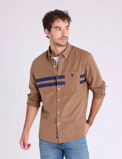 U.S. Polo Ling Sleeve Peached Heather Chest Stripe Shirt -.