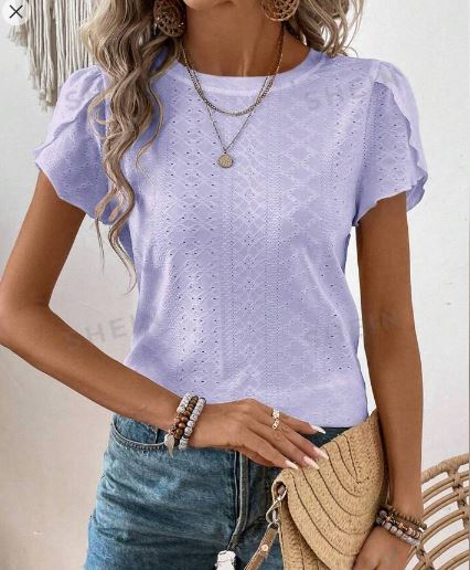 Shein Casual Hollow Out Embroidery Round Neck Short Sleeve T-Shirt, S /