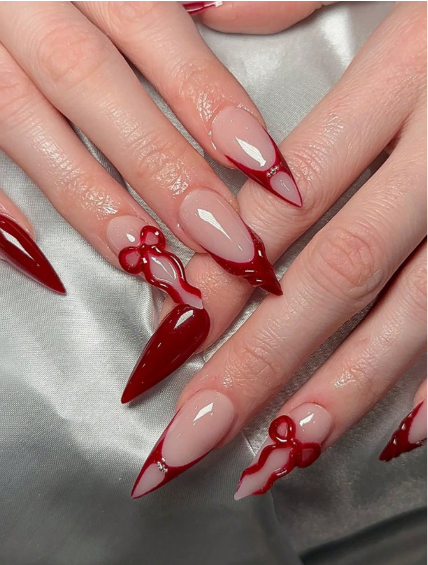 Shein Red French Tip Design With 3D Bow, Red 3D Line Art, Elegant Glossy Nail +