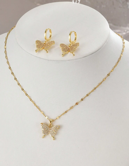 Shein 1pc Crystal Butterfly Stainless Steel Necklace & 1pair Crystal Butterfly Earrings +
