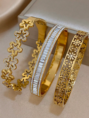 Shein 18K Gold Plated Stainless Steel Cutouts Floral Luxe Bangle Bracelets Set>