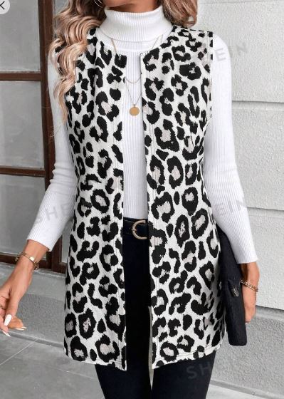 Shein Sleeveless Vintage Leopard Print Knit Cardigan, L /